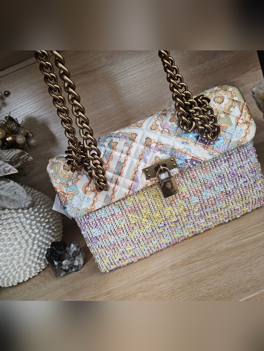 Kurt Geiger London Brixton Mixed Media Tweed Shoulder Bag with Gold Chain. - Picture 2 of 13